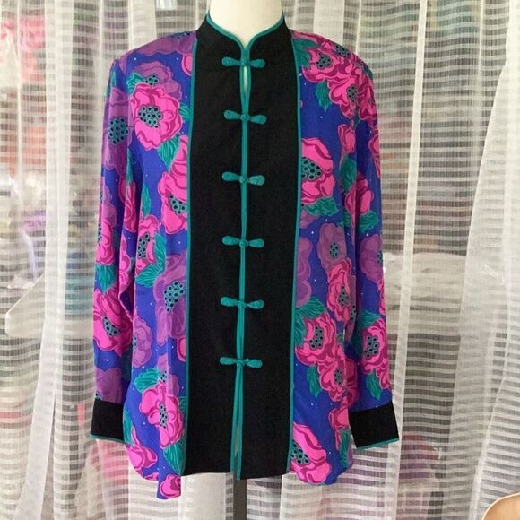 Bob Mackie Wearable Art 100% Silk Asian Floral Tunic Top Blouse Women’s Medium - Picture 2 of 7